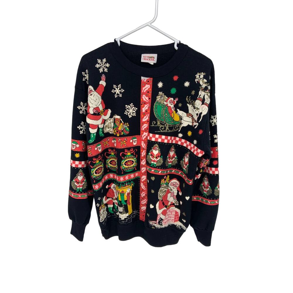 Vtg Nut Cracker Christmas Santa White Puff Paint Holidays Crewneck Sweater Sz S